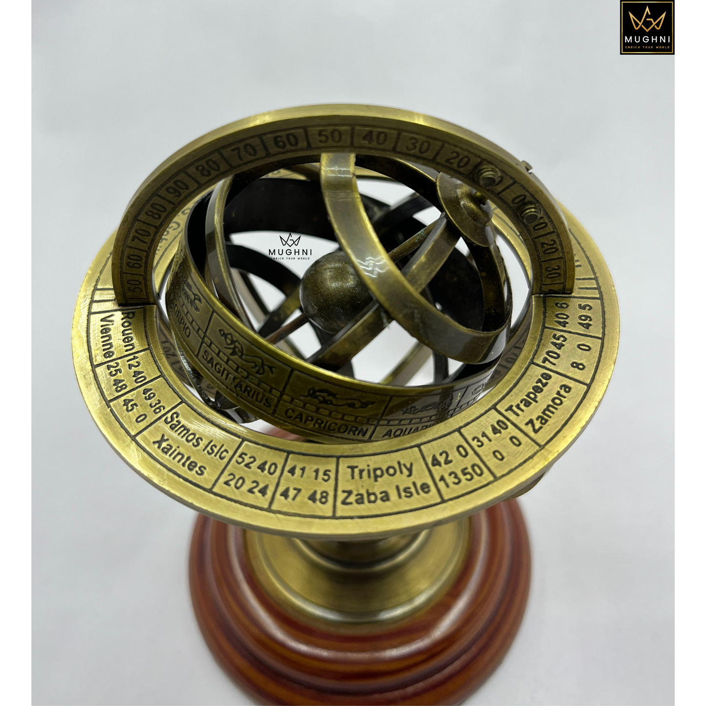Brass Armillary Sphere: 5" Nautical Tabletop Decor with Wooden Base