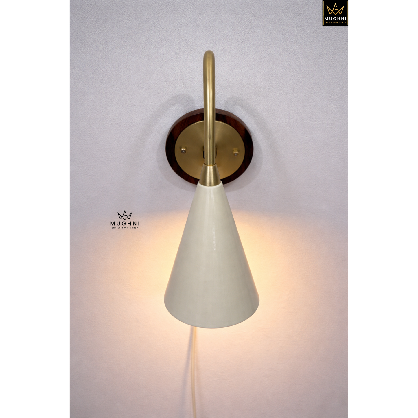 Mid Century Brass Wall Sconce Wooden Backplate Modern Italian Style Wall Lamp