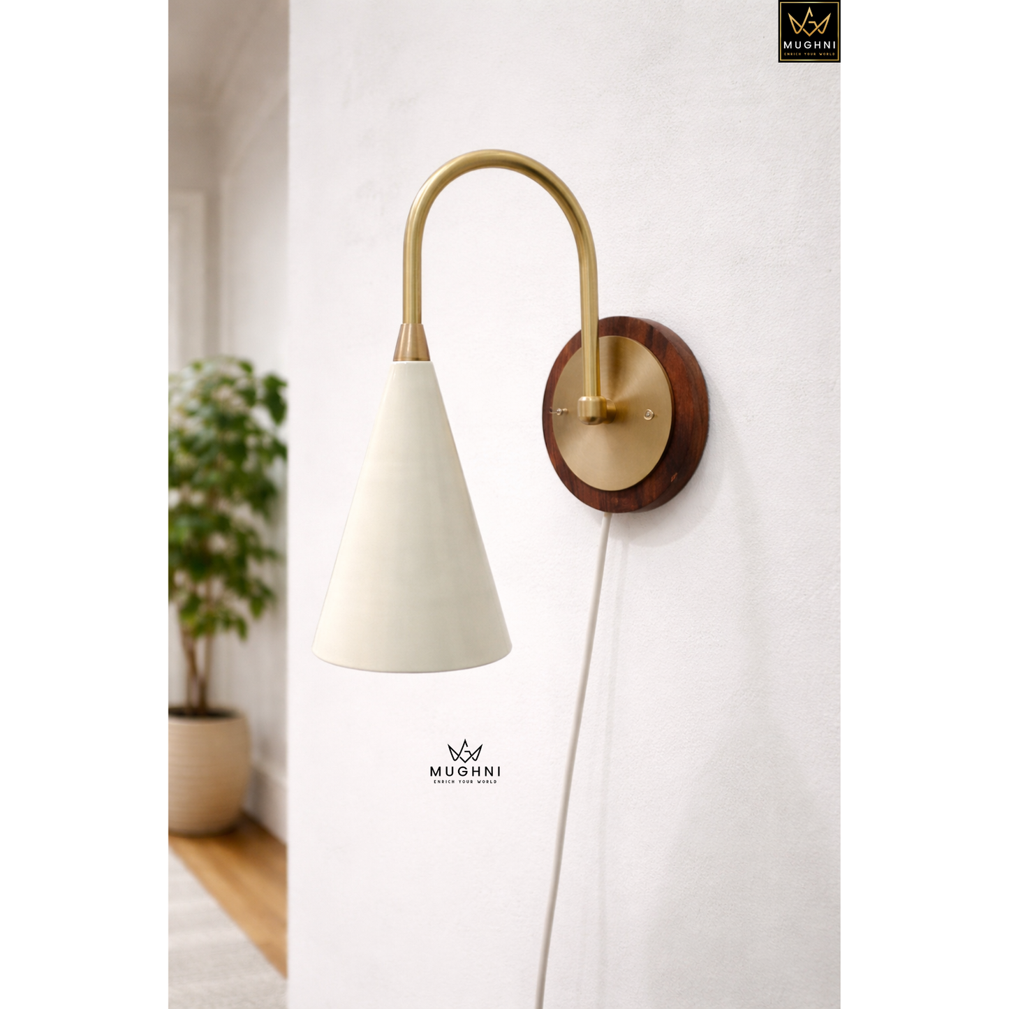 Mid Century Brass Wall Sconce Wooden Backplate Modern Italian Style Wall Lamp