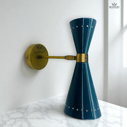 Modern Mid-Century Brass Wall Sconce with Adjustable Arm – Dual Cone Metal Wall Lamp | Mughni Lighting