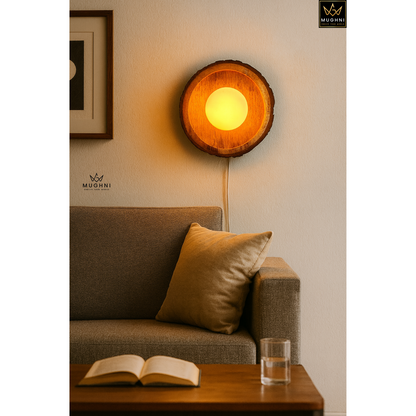 Handcrafted Wooden Wall Sconce with Frosted Glass Dome – Rustic Wall Light | Mughni Lighting