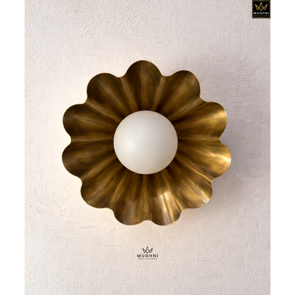 Brass Floral Wall Sconce with Frosted Globe – Art Deco Petal Wall Light | Mughni Lighting