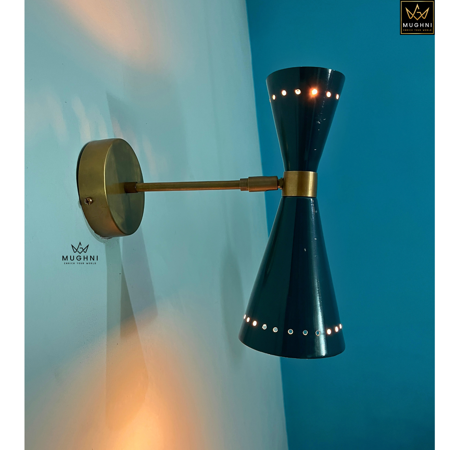 Modern Mid-Century Brass Wall Sconce with Adjustable Arm – Dual Cone Metal Wall Lamp | Mughni Lighting