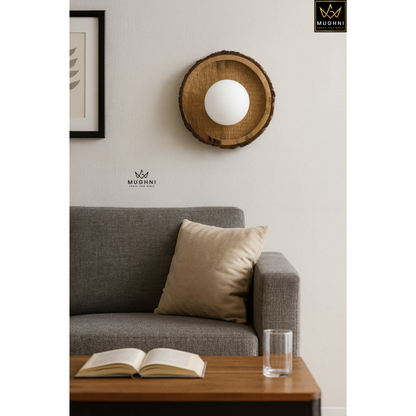 Handcrafted Wooden Wall Sconce with Frosted Glass Dome – Rustic Wall Light | Mughni Lighting