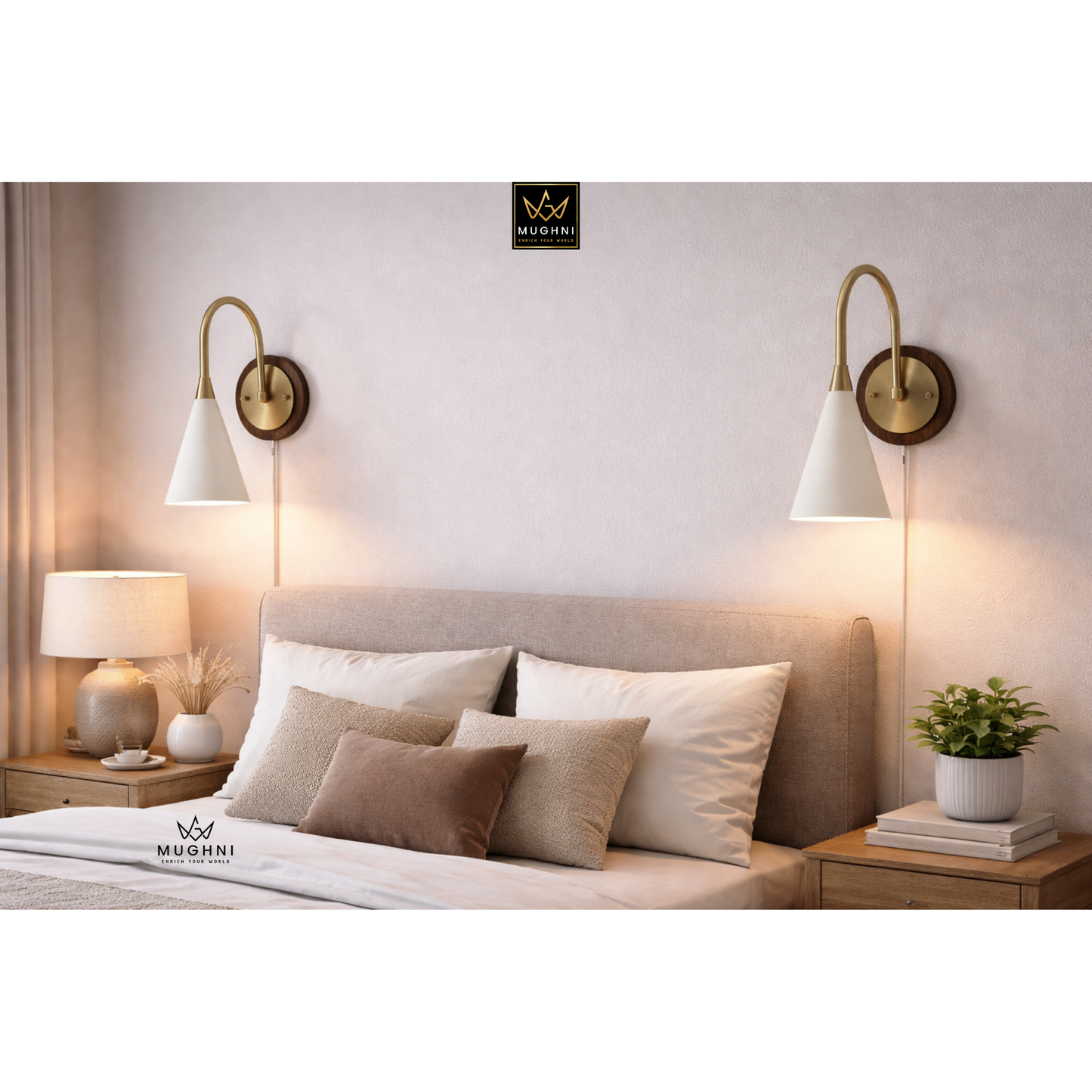 Mid Century Brass Wall Sconce Wooden Backplate Modern Italian Style Wall Lamp