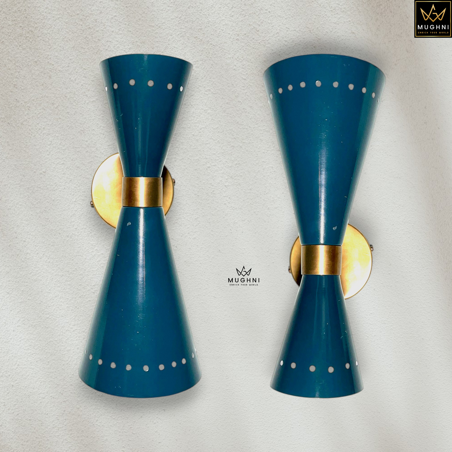 Modern Mid-Century Brass Wall Sconce with Adjustable Arm – Dual Cone Metal Wall Lamp | Mughni Lighting