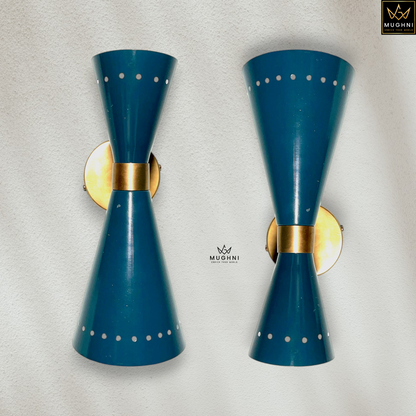 Modern Mid-Century Brass Wall Sconce with Adjustable Arm – Dual Cone Metal Wall Lamp | Mughni Lighting