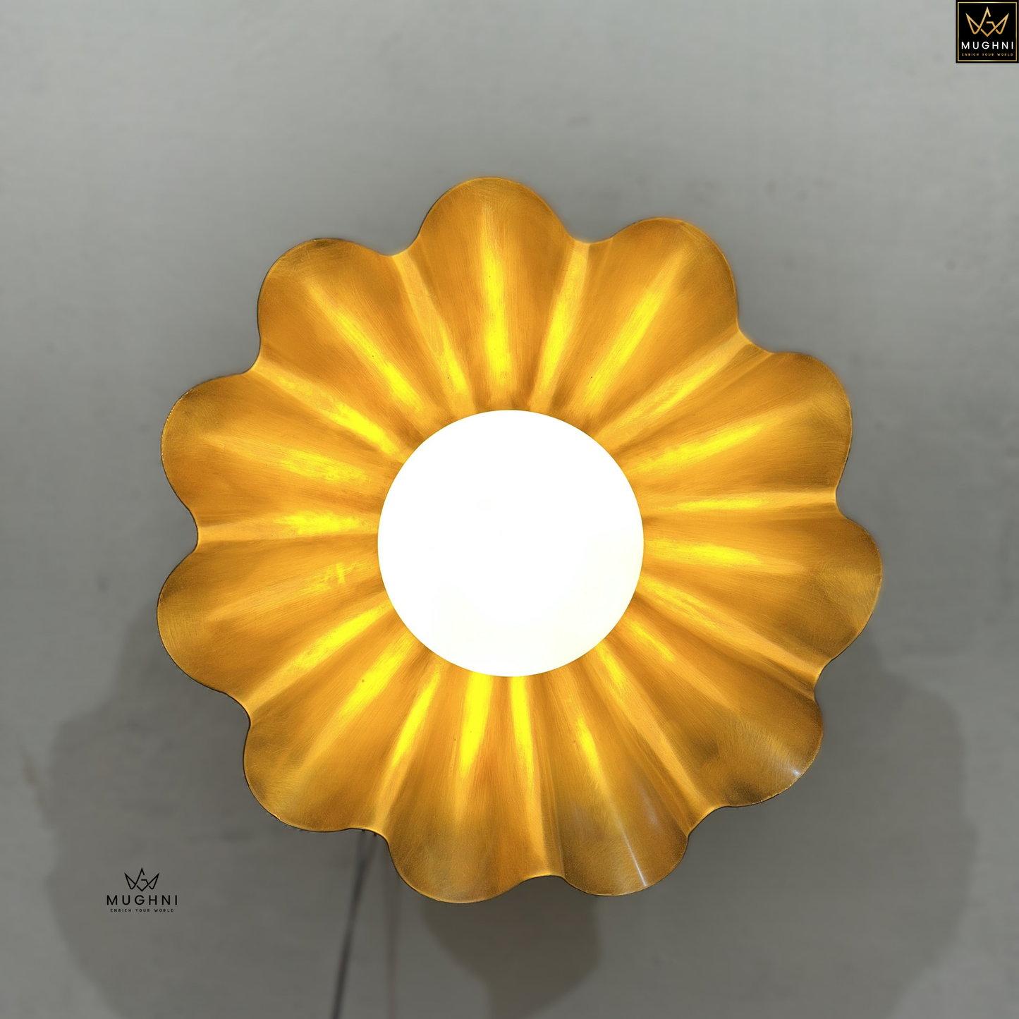 Brass Floral Wall Sconce with Frosted Globe – Art Deco Petal Wall Light | Mughni Lighting