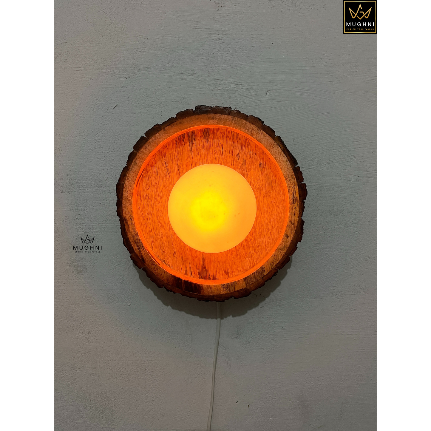 Handcrafted Wooden Wall Sconce with Frosted Glass Dome – Rustic Wall Light | Mughni Lighting