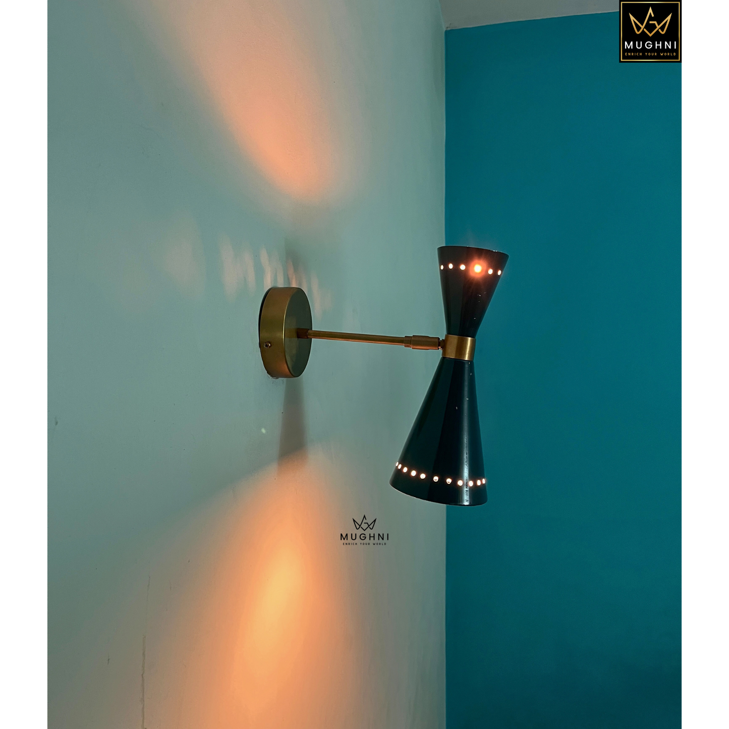 Modern Mid-Century Brass Wall Sconce with Adjustable Arm – Dual Cone Metal Wall Lamp | Mughni Lighting