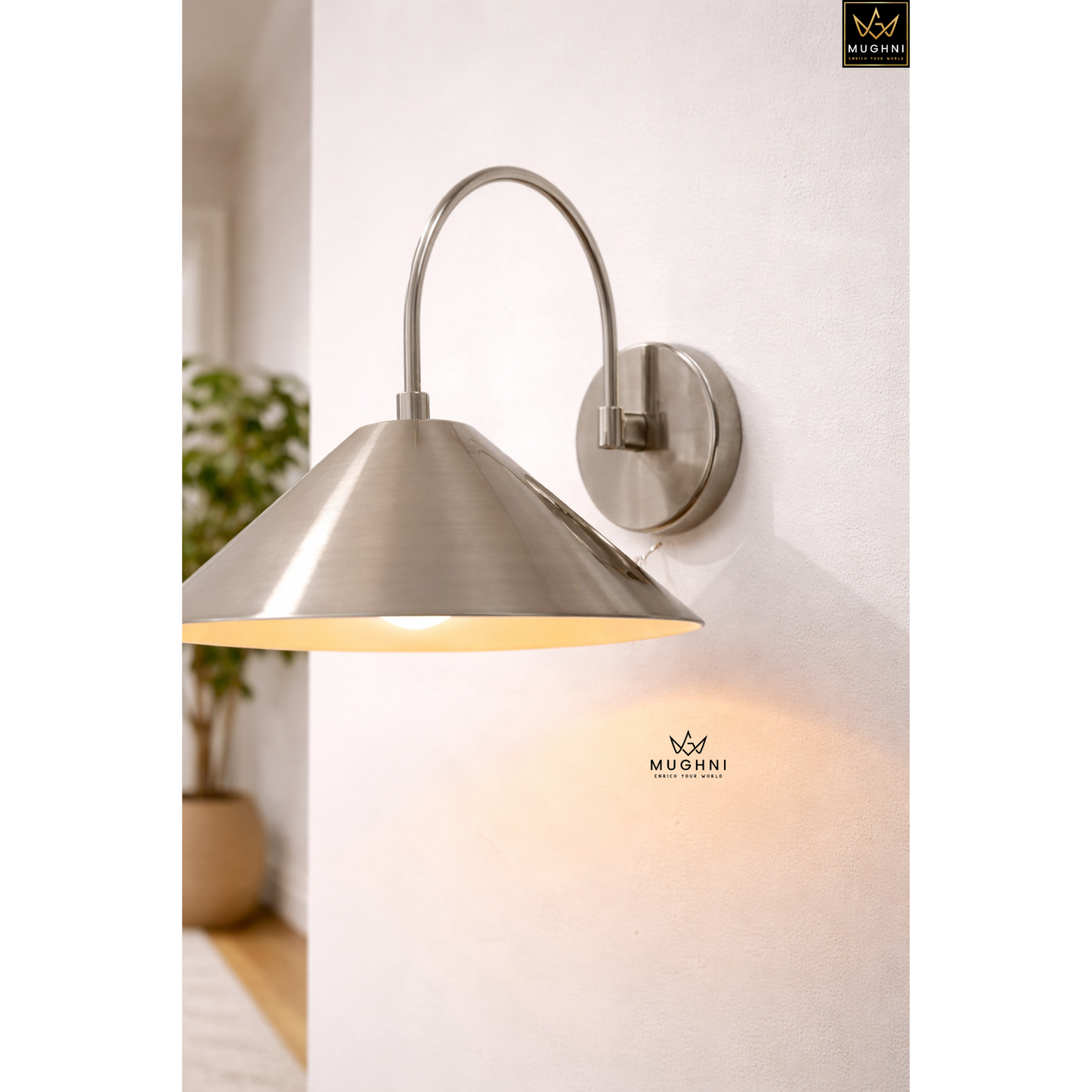 Mid-Century Modern Metal Wall Sconce with Cone Shade – Chrome Wall Lamp | Mughni Lighting