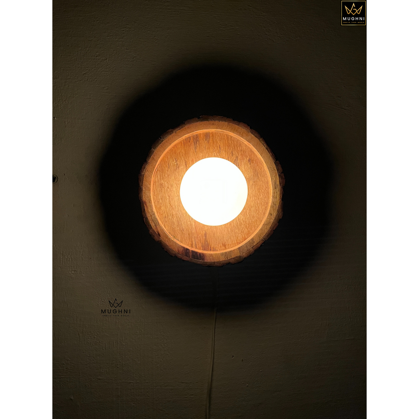 Handcrafted Wooden Wall Sconce with Frosted Glass Dome – Rustic Wall Light | Mughni Lighting