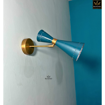 Modern Mid-Century Brass Wall Sconce with Adjustable Arm – Dual Cone Metal Wall Lamp | Mughni Lighting