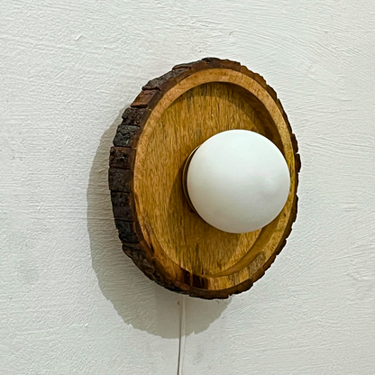 Handcrafted Wooden Wall Sconce with Frosted Glass Dome – Rustic Wall Light | Mughni Lighting