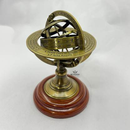 Brass Armillary Sphere: 5" Nautical Tabletop Decor with Wooden Base