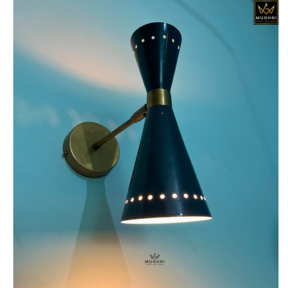 Modern Mid-Century Brass Wall Sconce with Adjustable Arm – Dual Cone Metal Wall Lamp | Mughni Lighting